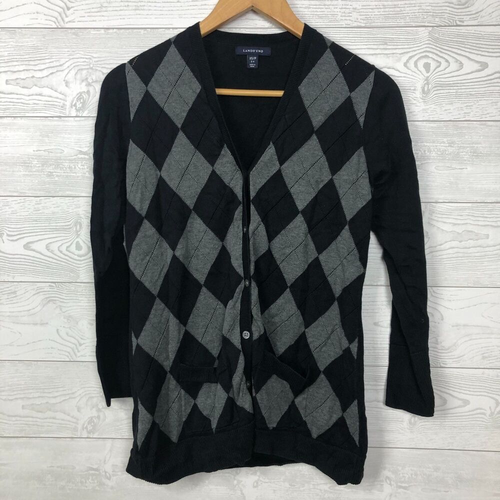 Lands End Women's XS Argyle Button Front Cardigan Sweater 100% Cotton Blue Gray